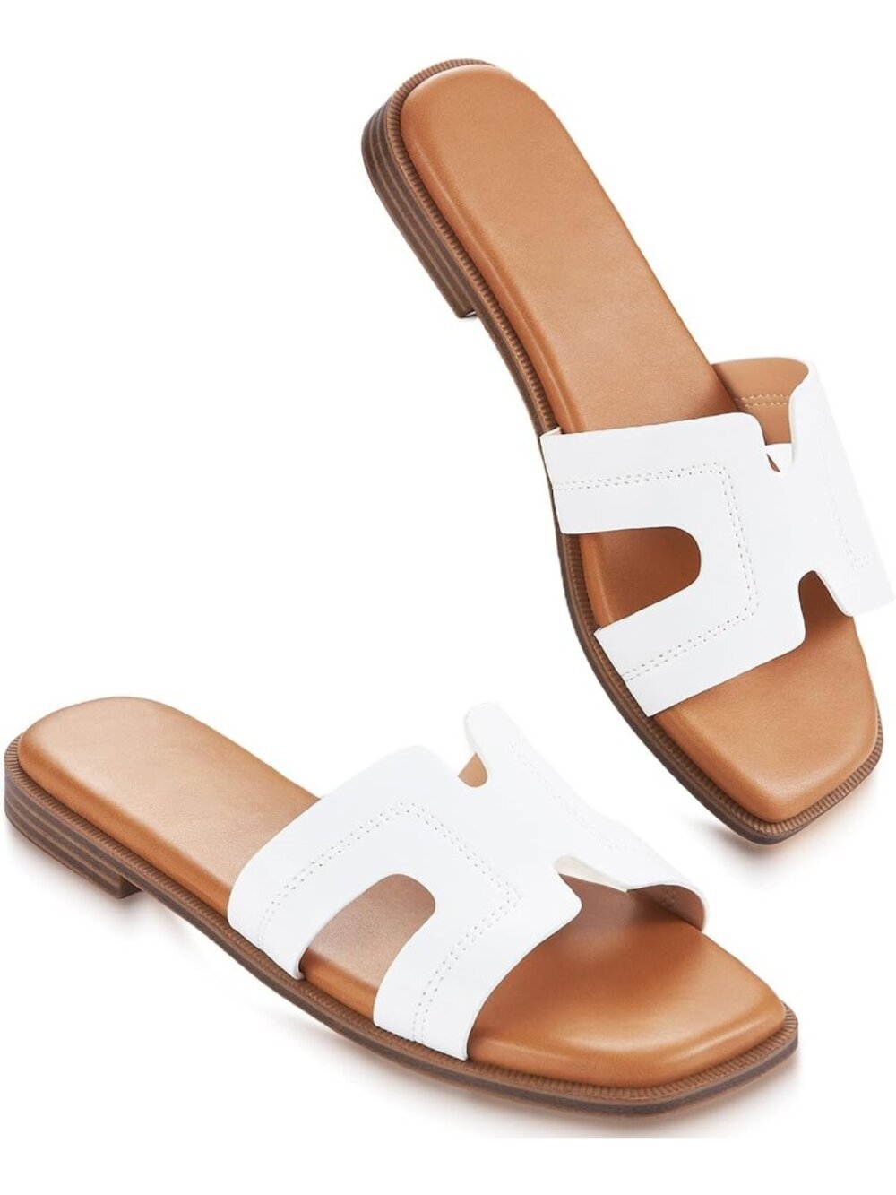 Women's White Slip On Flat Soft Foam Slides Comfortable Leather Sandals